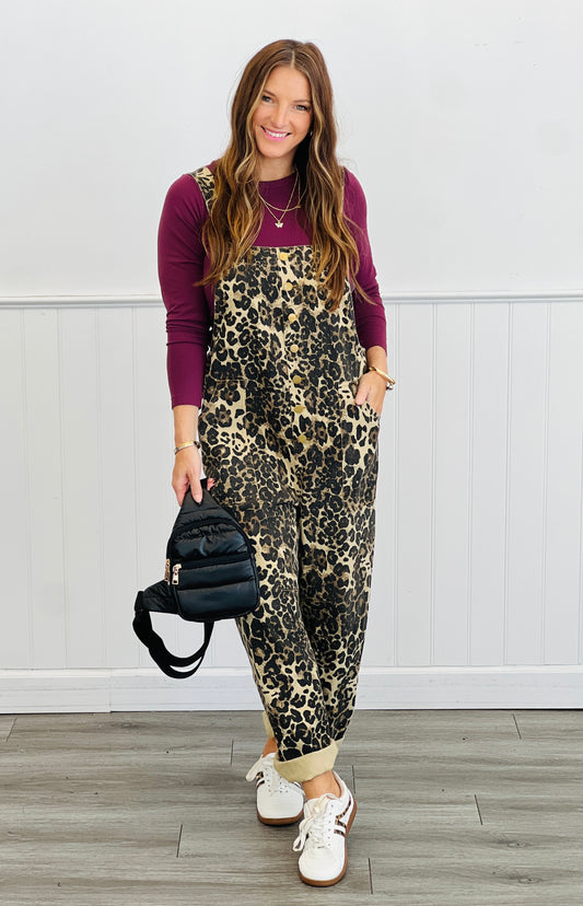Acid Washed Leopard Printed Denim Jumpsuit (Reg & Plus)
