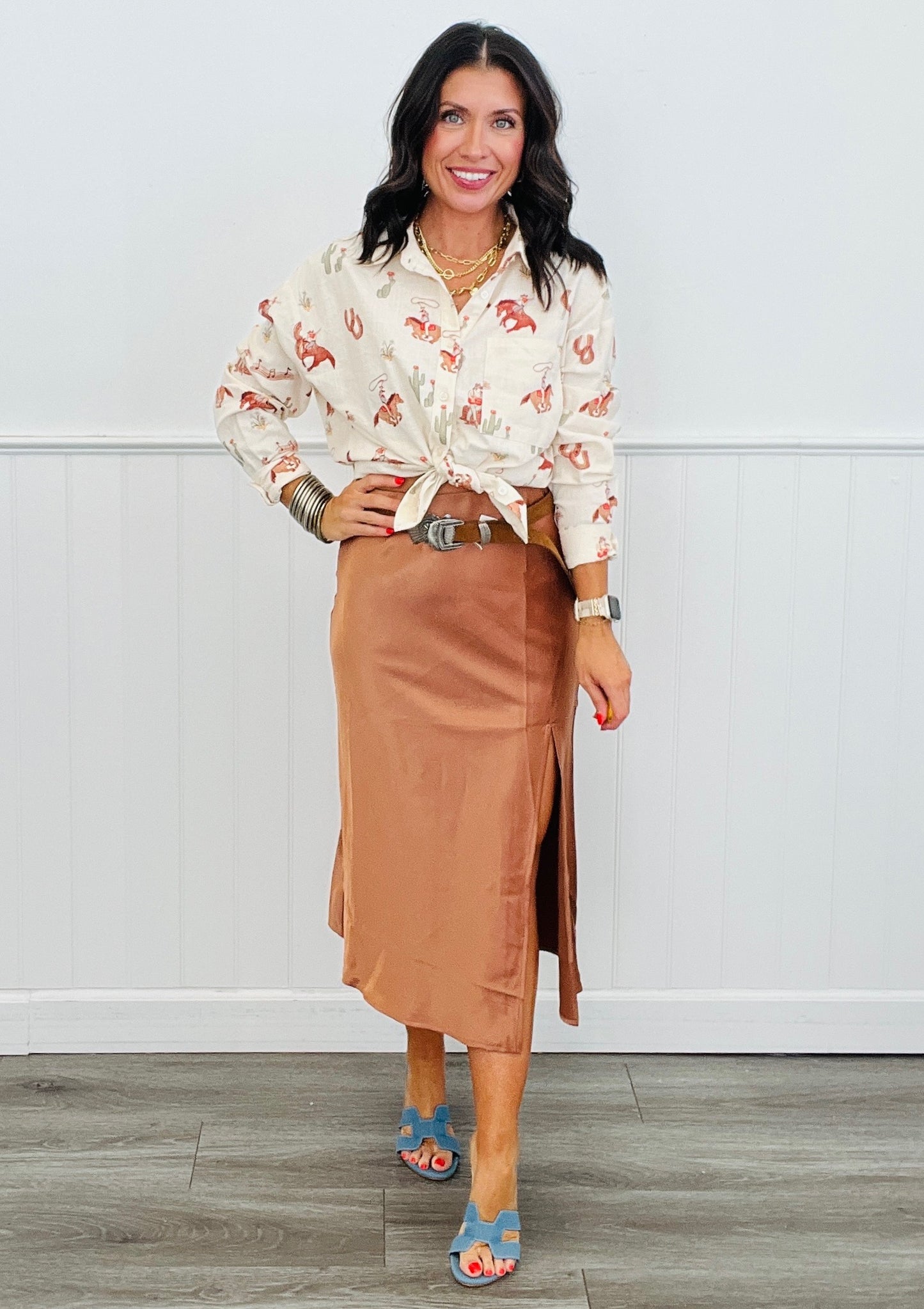 Western Print Button-up Top (Reg.)