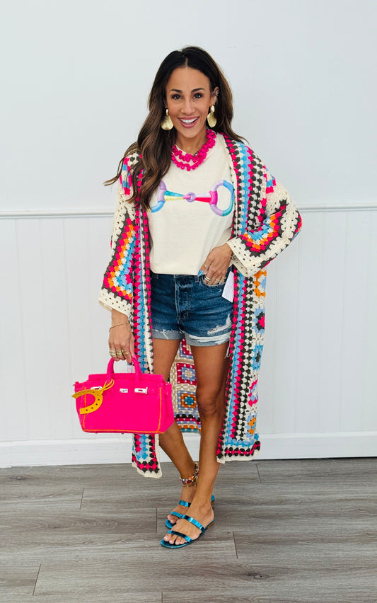 POL Multi Crochet Longline Cardigan (OS)