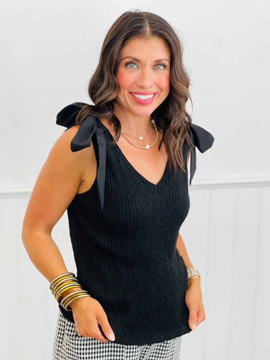 Black Bow Tie Straps Ribbed Top (Reg & Plus)