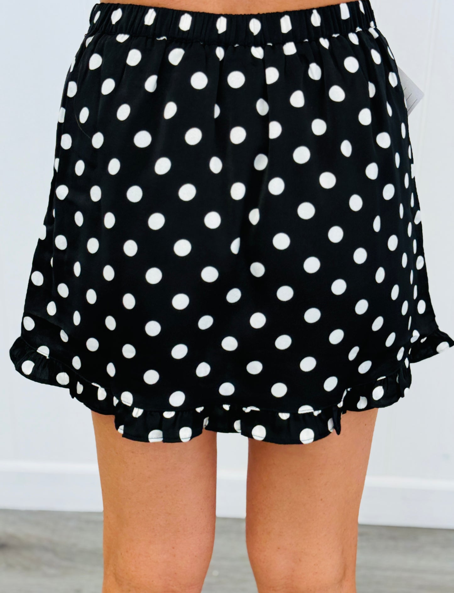Black Polka Dot Ruffle Hem Mini Skort (Reg.)