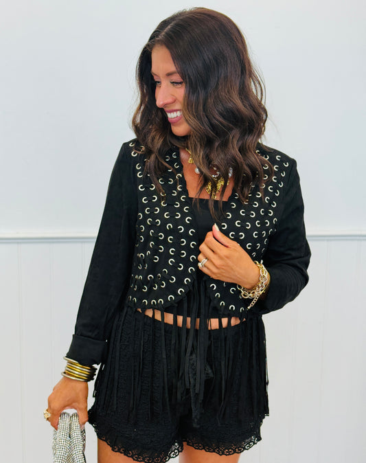 Black Suede Eyelet Stud Fringe Hem Cardigan (Reg.)