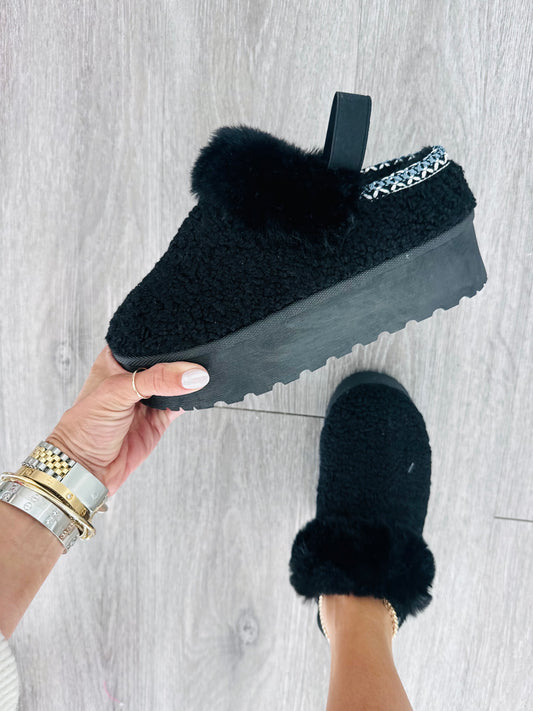 Black Shera & Faux Fur Sling Back Platform Mules