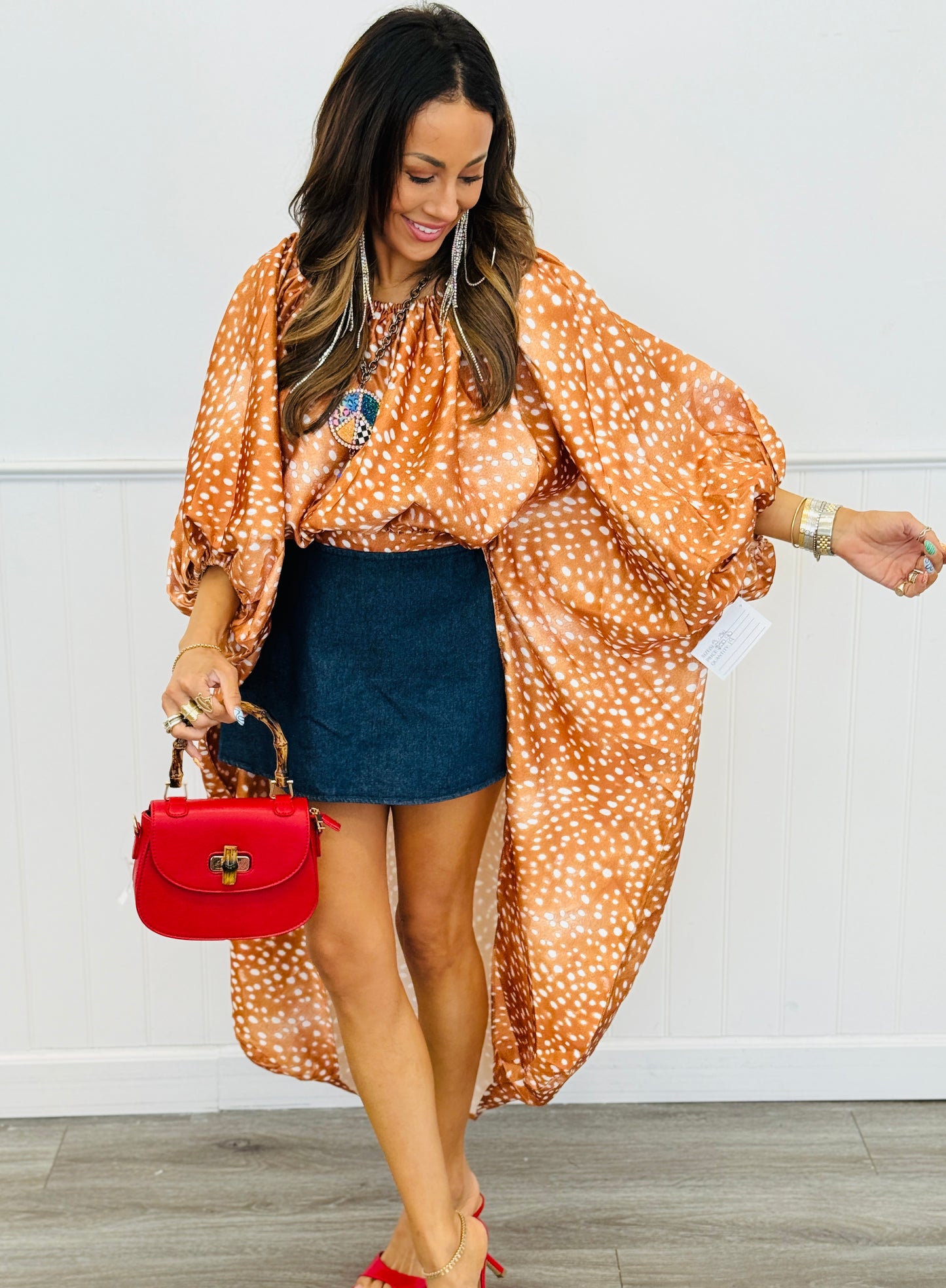 Deer Print High Low Bubble Sleeve Top (Reg. and Plus)