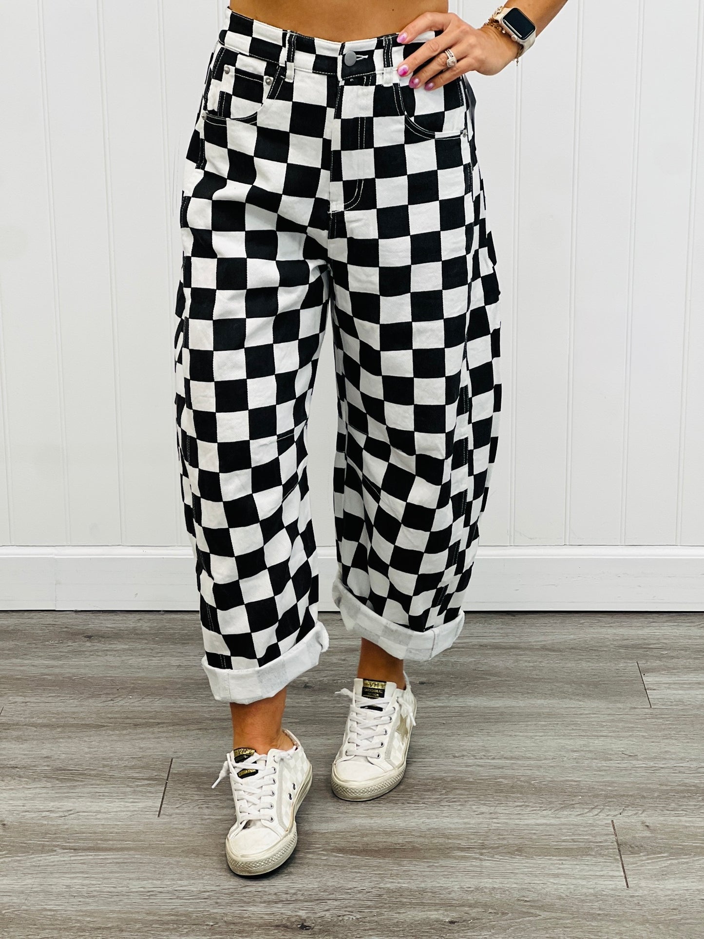 Black Checkered Print Denim Barrel Pants (Reg. and Plus)