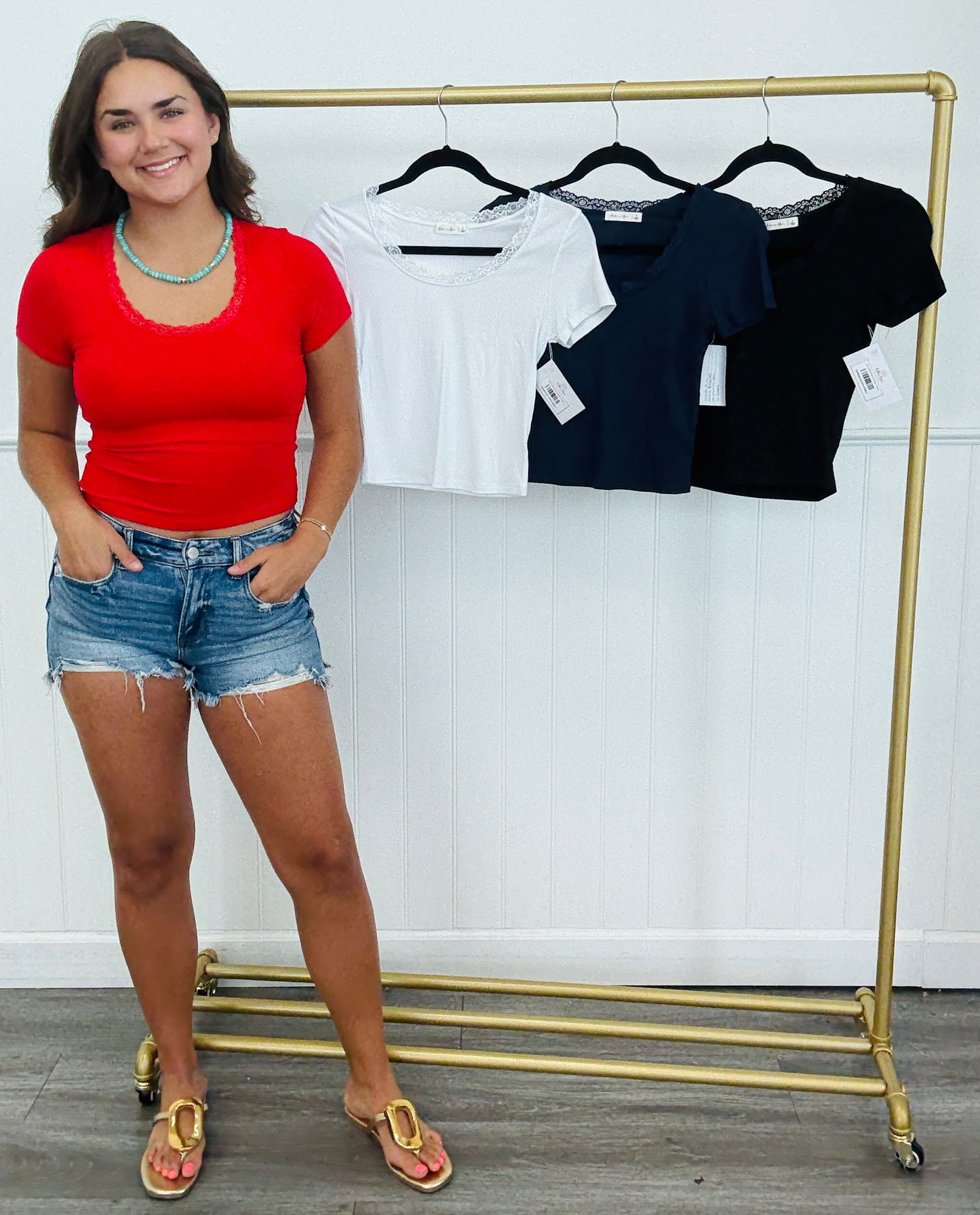 Lace Trim Short Sleeve Top (Reg.) - 4 Colors