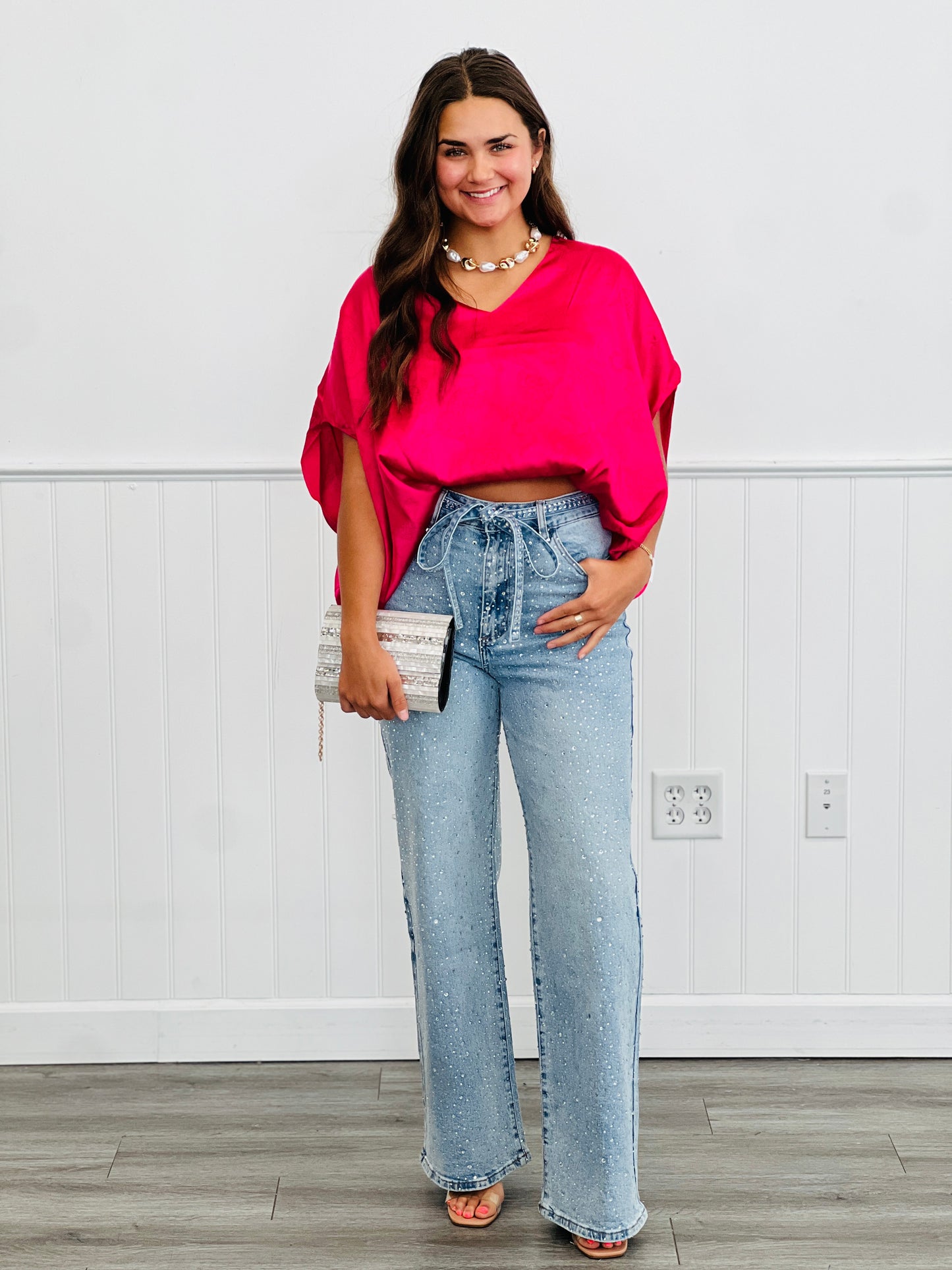 Satin Jacquard Print Bubble Hem Top (Reg. & Plus)- 3 Colors