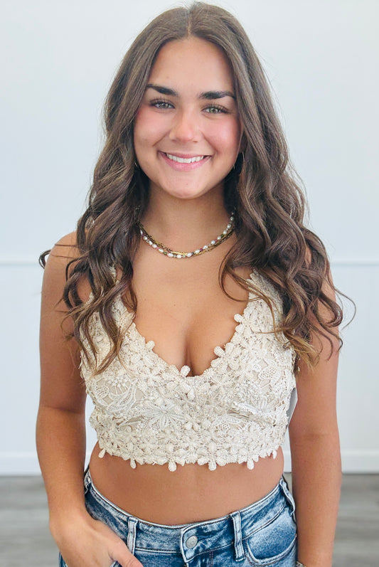 POL Taupe Crochet Smocked Back Bralette (Reg.)