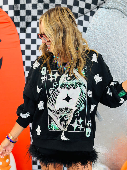 Queen Of Sparkles Black & White Ghost Card Logo Sweatshirt(Reg. and Plus)