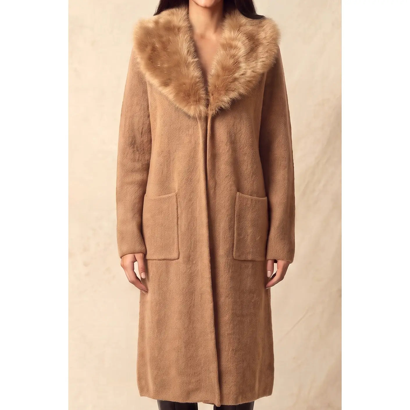 Camel Faux Fur Collar Cardigan (Reg.)