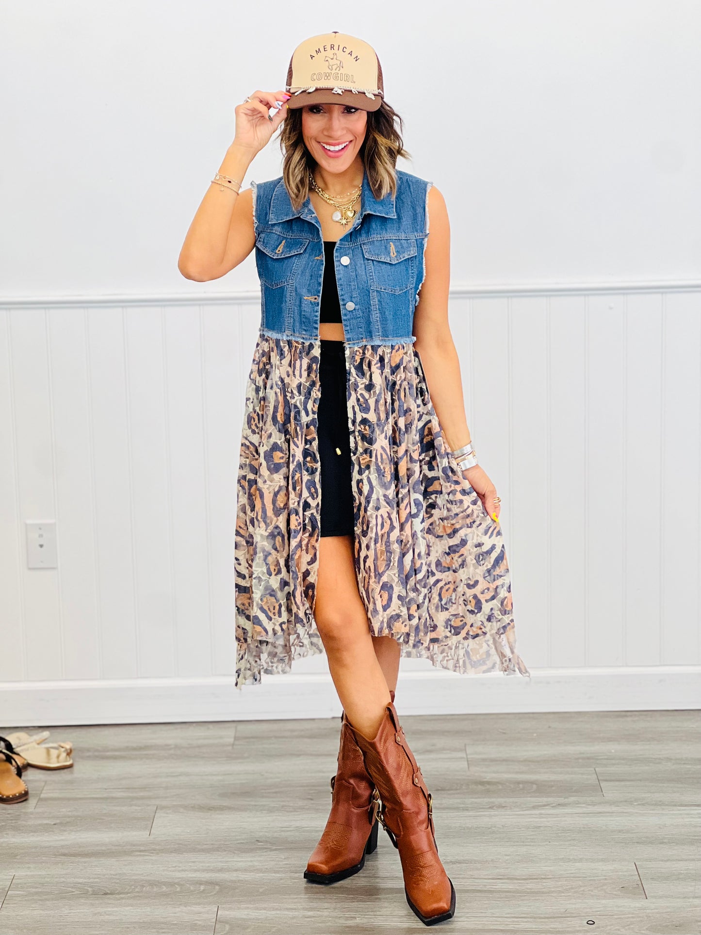 Denim Jacket With Leopard Lace Layer Jacket (Reg. and Plus)