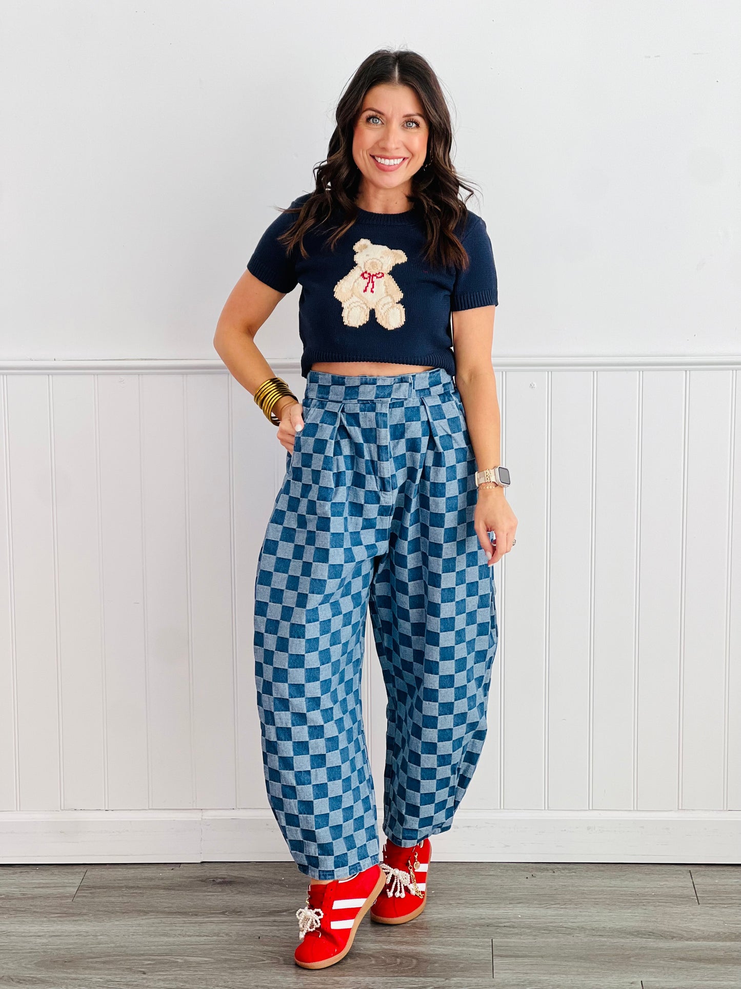 Navy Short Sleeve Teddy Bear Sweater Top (Reg)