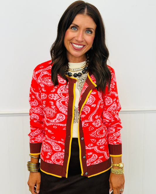 Poppy Red Paisley Knit Sweater Cardigan (Reg.)