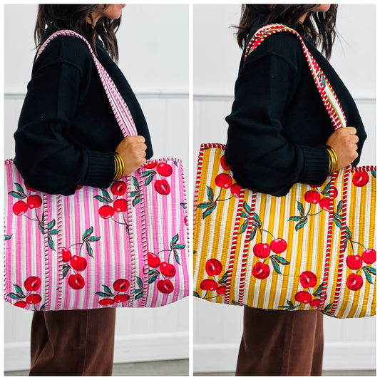Striped Cherry Oversized Cotton Tote Bag (2 colors)