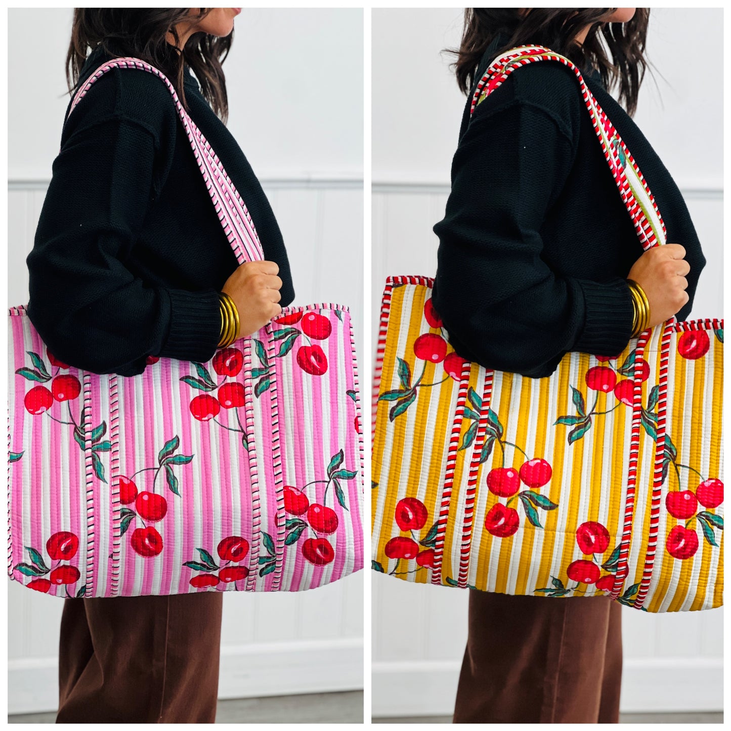 Striped Cherry Oversized Cotton Tote Bag (2 colors)