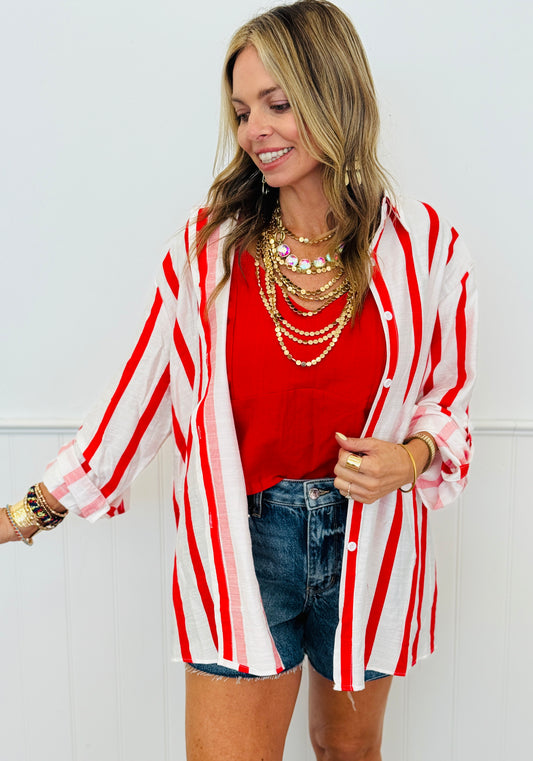 Red Striped Button Up Top (One Size)