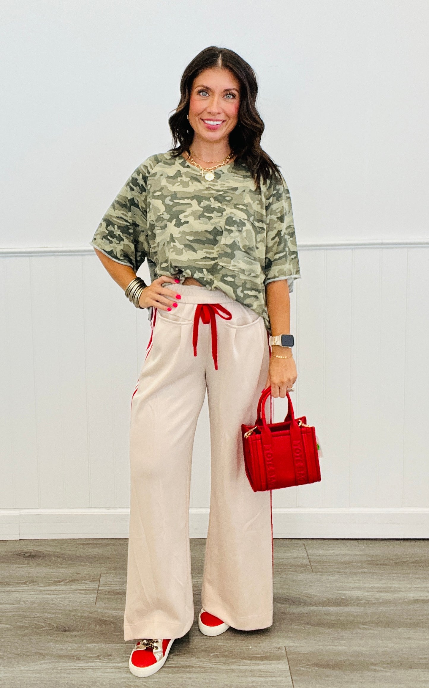 Beige Side Stripe Drawstring Pants (Reg. and Plus)