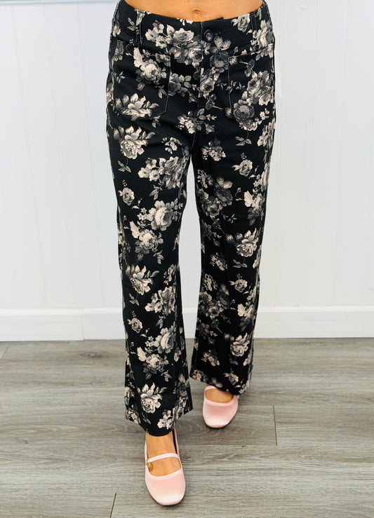 Black Floral Print Wide Leg Crop Pants (Reg & Plus)