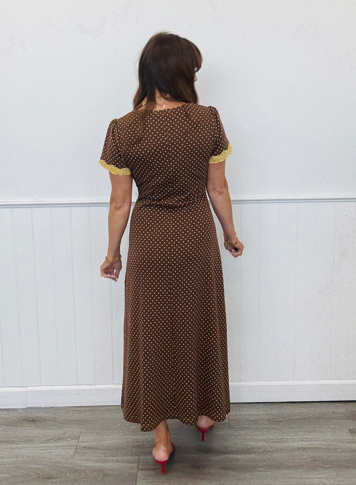 Brown Polka Dot & Lace Midi Dress (Reg. and Plus)