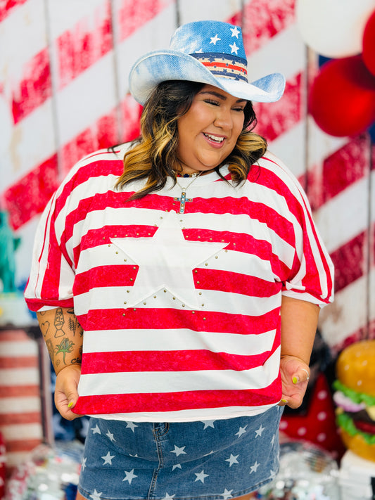 Red/White Striped Star Studded Top (Reg & Plus)