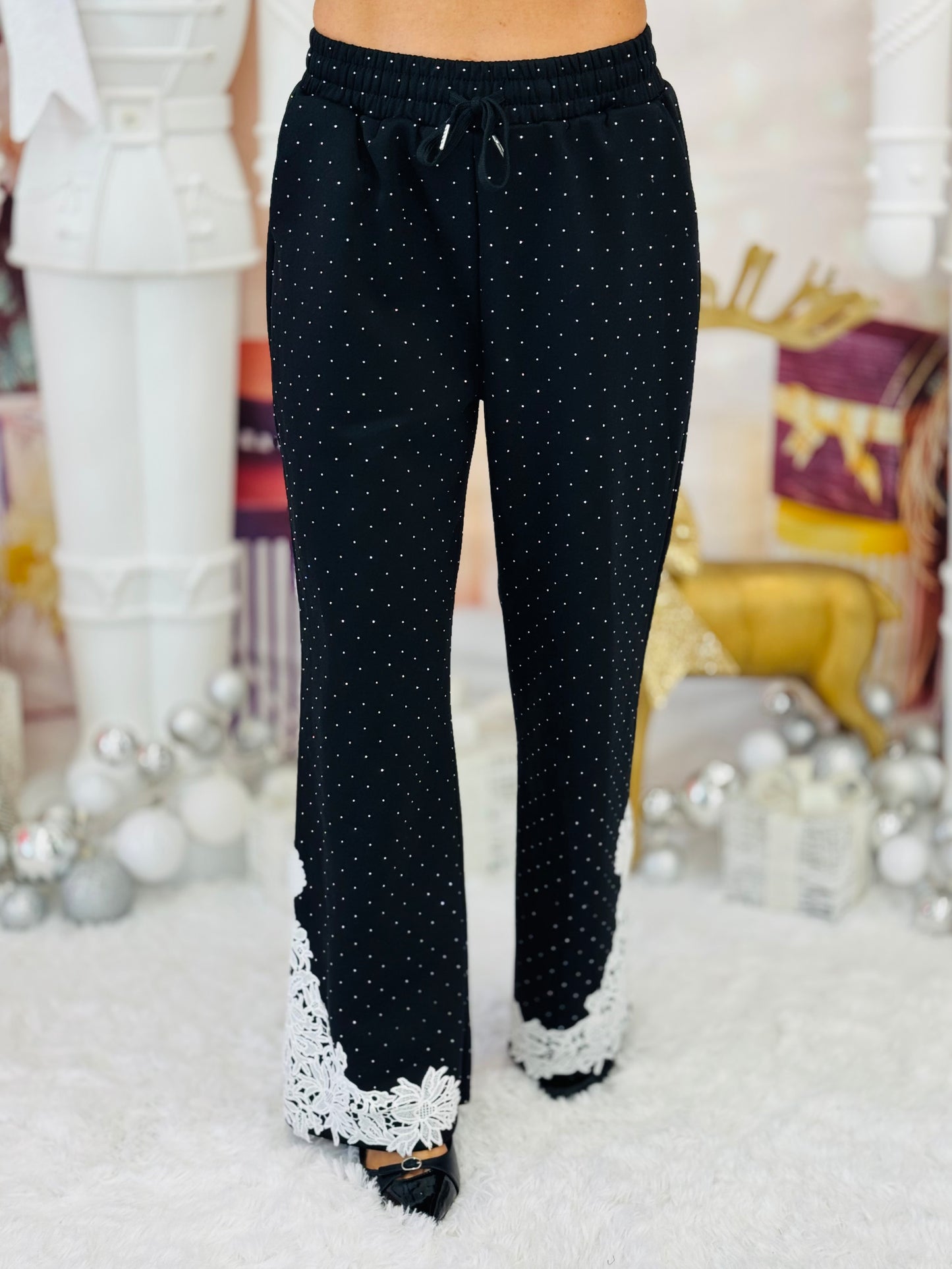 Rhinestone Floral Eyelet Detail Zip Up Jacket & Pants Set (Reg.)