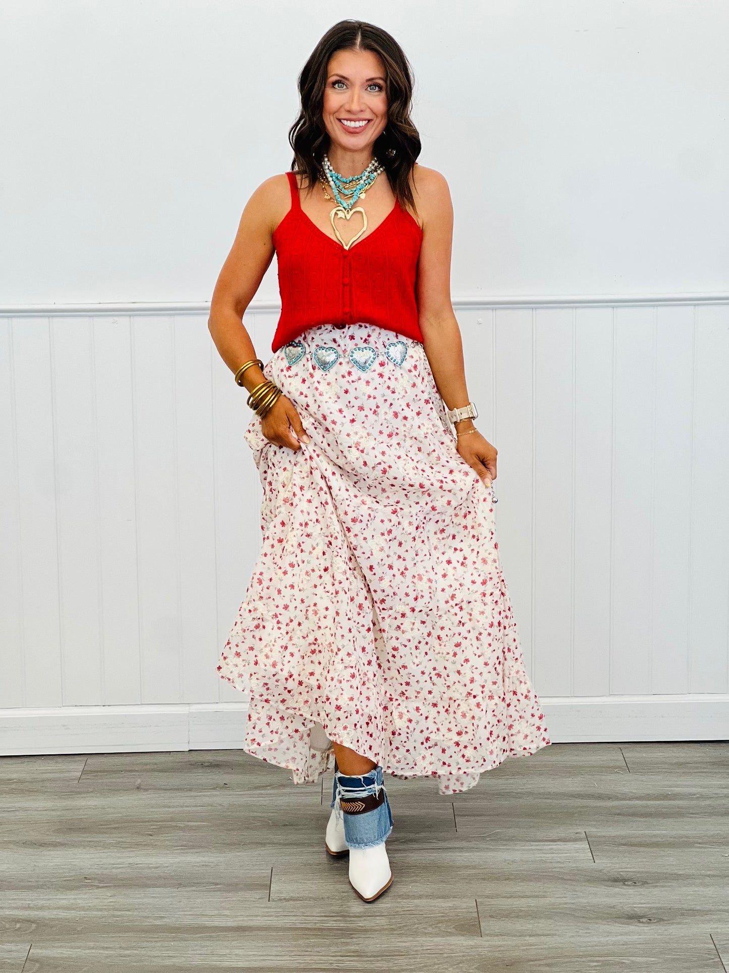Red Pointelle Button Tank Top (Reg.)
