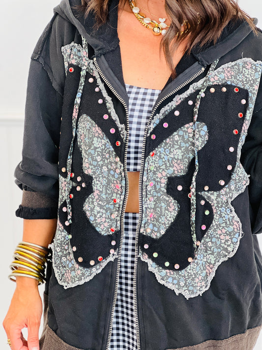 POL Black Butterfly Zip Up Hoodie Top (Reg.)