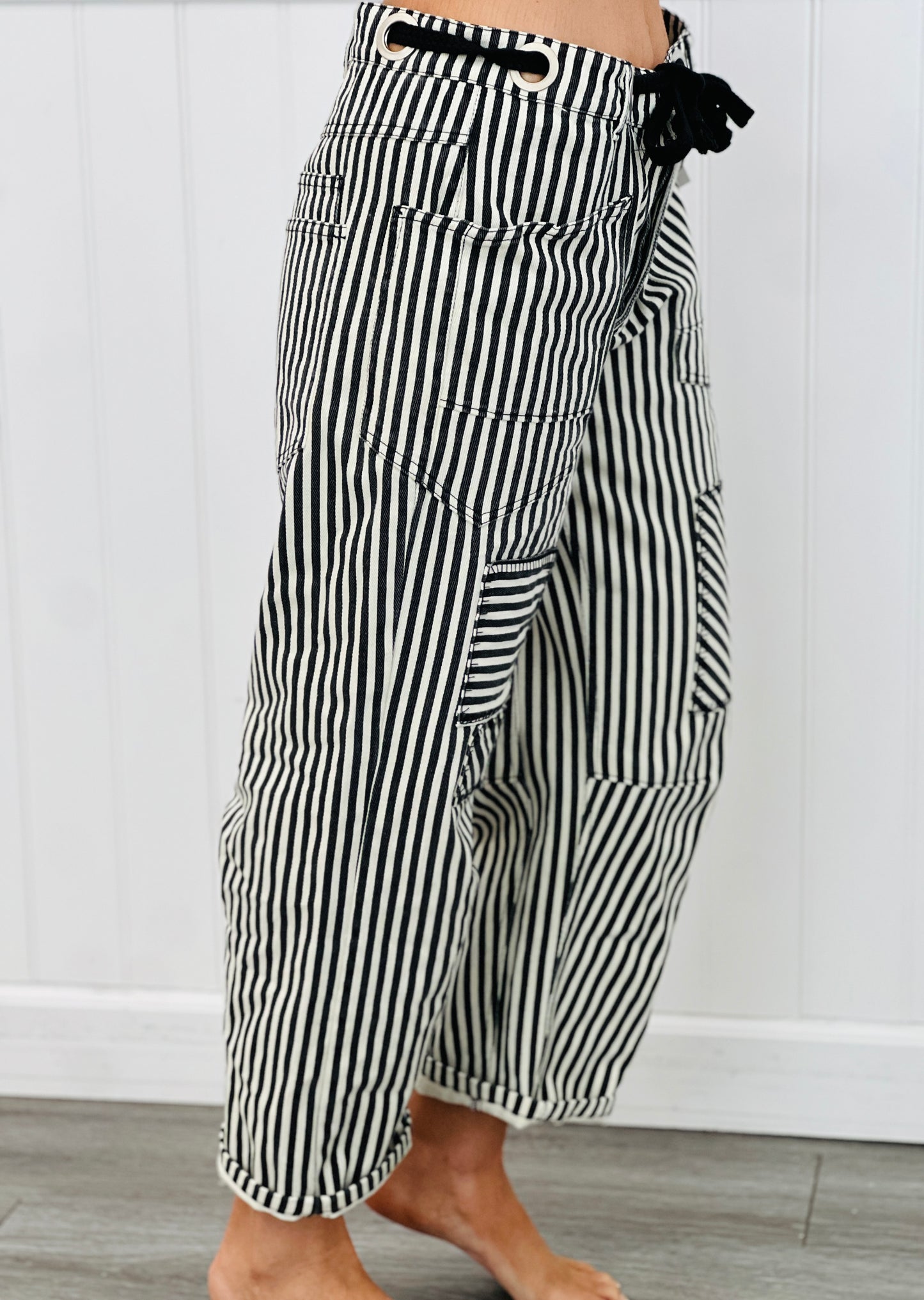 Black Striped Twill Barrel Pants (Reg & Plus)