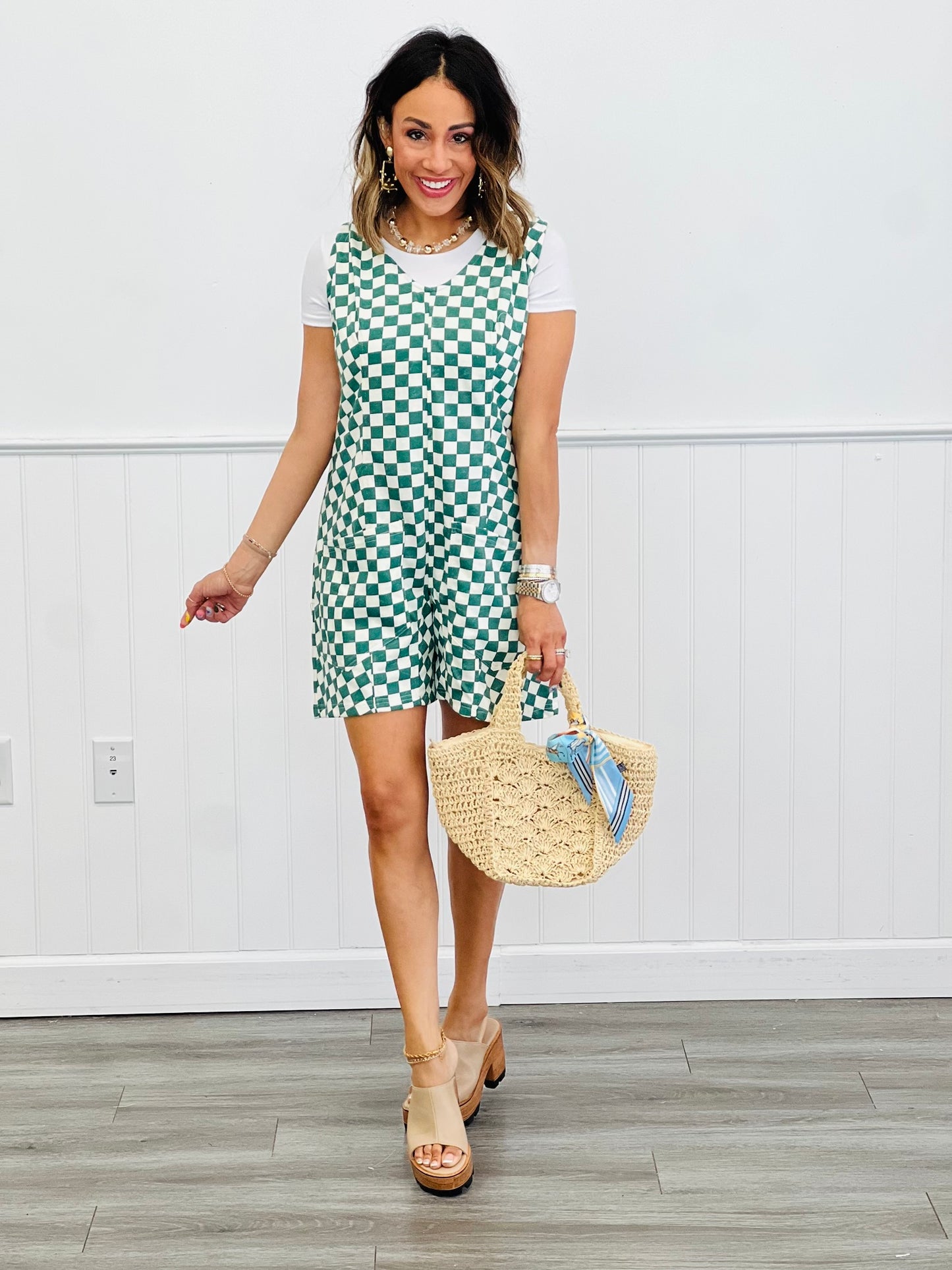 Checkered Self Tie Back Romper (Reg & Plus)-3 Colors