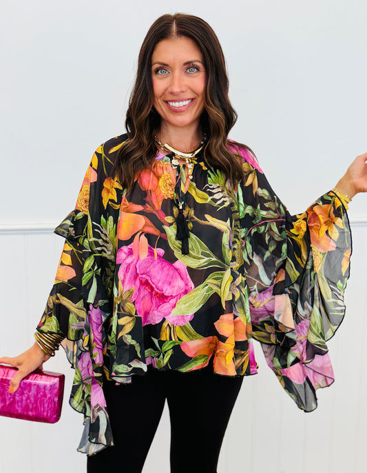 Black Multi Floral Ruffle Sleeves Blouse (Reg. and Plus)