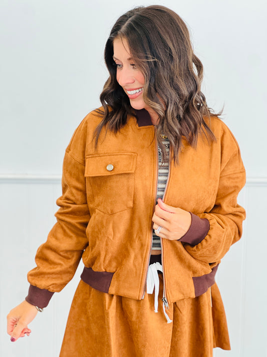 Saddle Brown Faux Suede Bomber Jacket (Reg.)