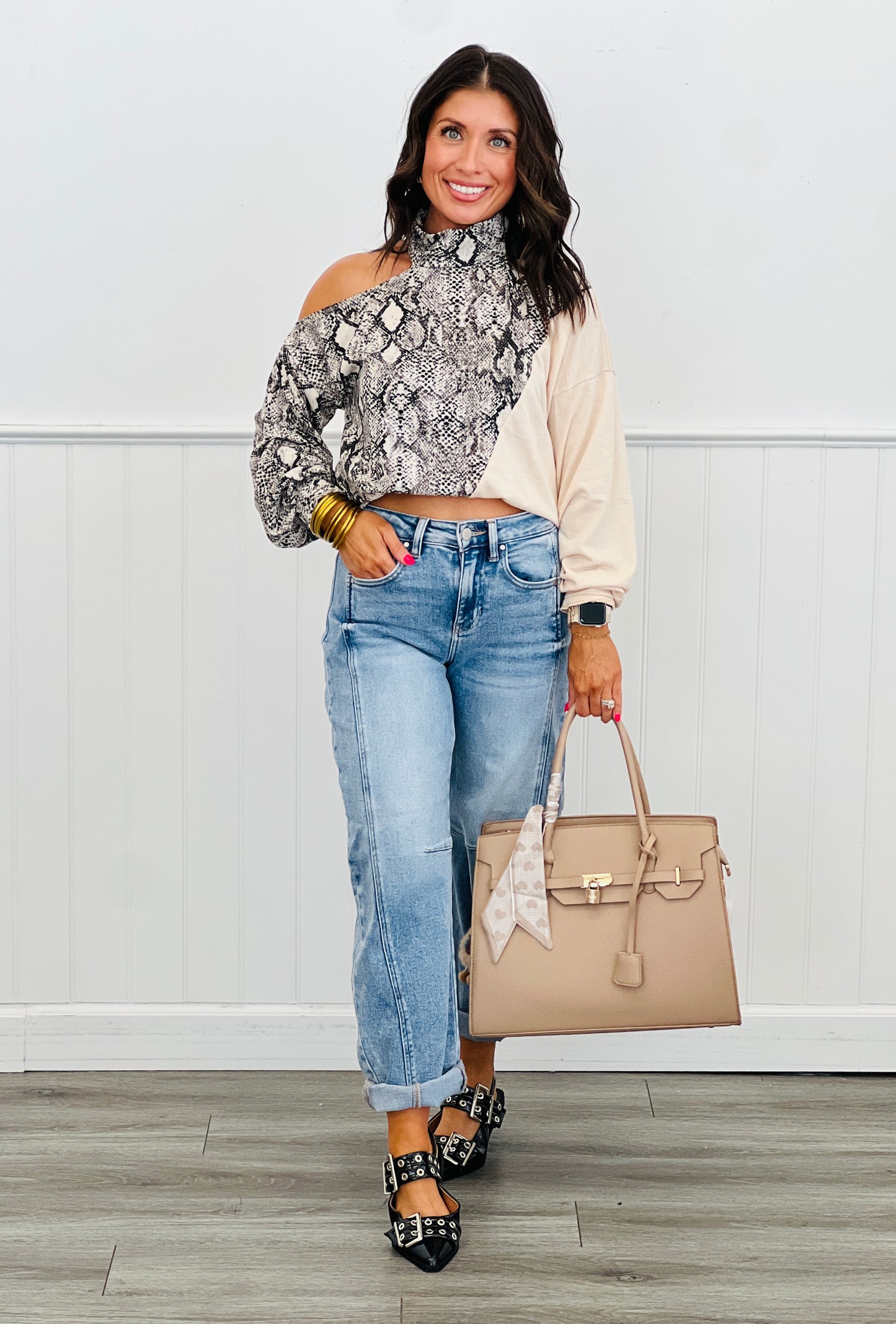 Snake Print Open One Shoulder Top (Reg.)