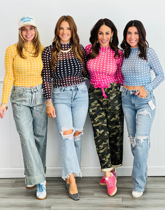 Polka Dot Print Mesh Top (Reg & Plus)-4 Colors