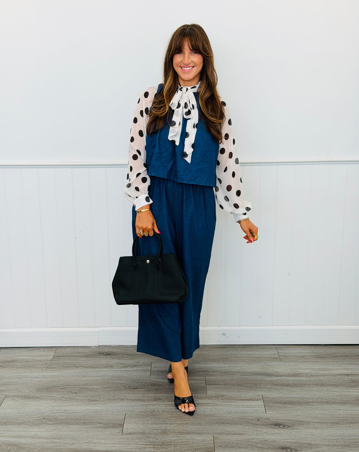 White/Black Mixed Polka Dot Print Blouse (Reg. & Plus)