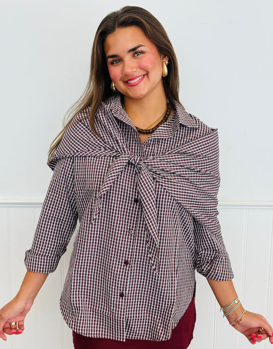 Wine Gingham Button Down Scarf Shirt (Reg.)