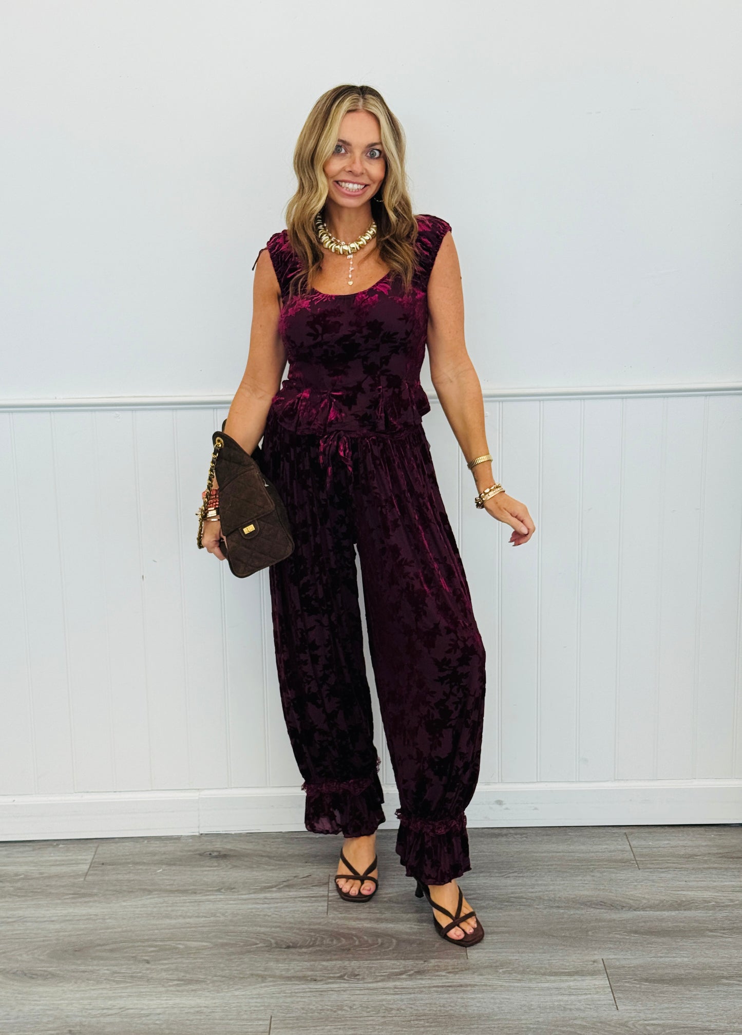Burgundy Velvet Lace Trim Top (Reg.)