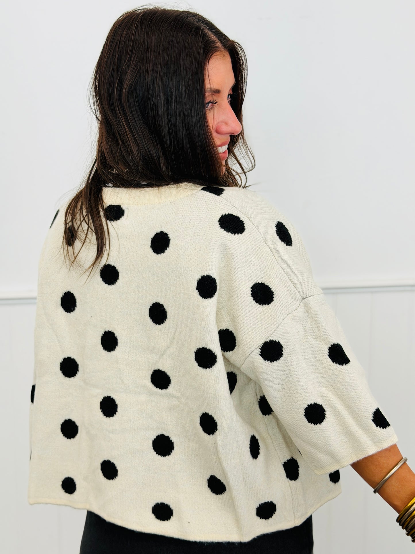 Cream/Black Polka Dot Short Sleeve Cardigan (Reg and Plus)