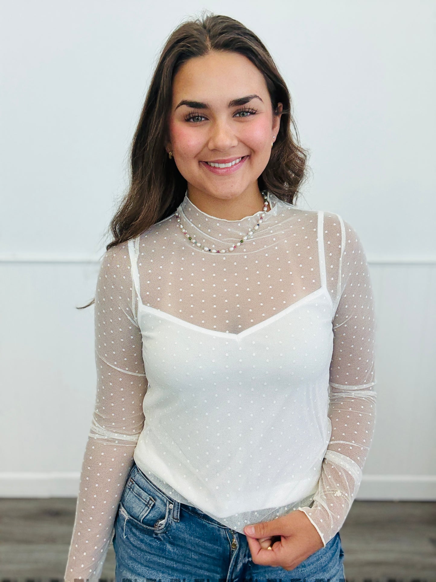 Cream Polka Dot Mesh Blouse (Reg & Plus)