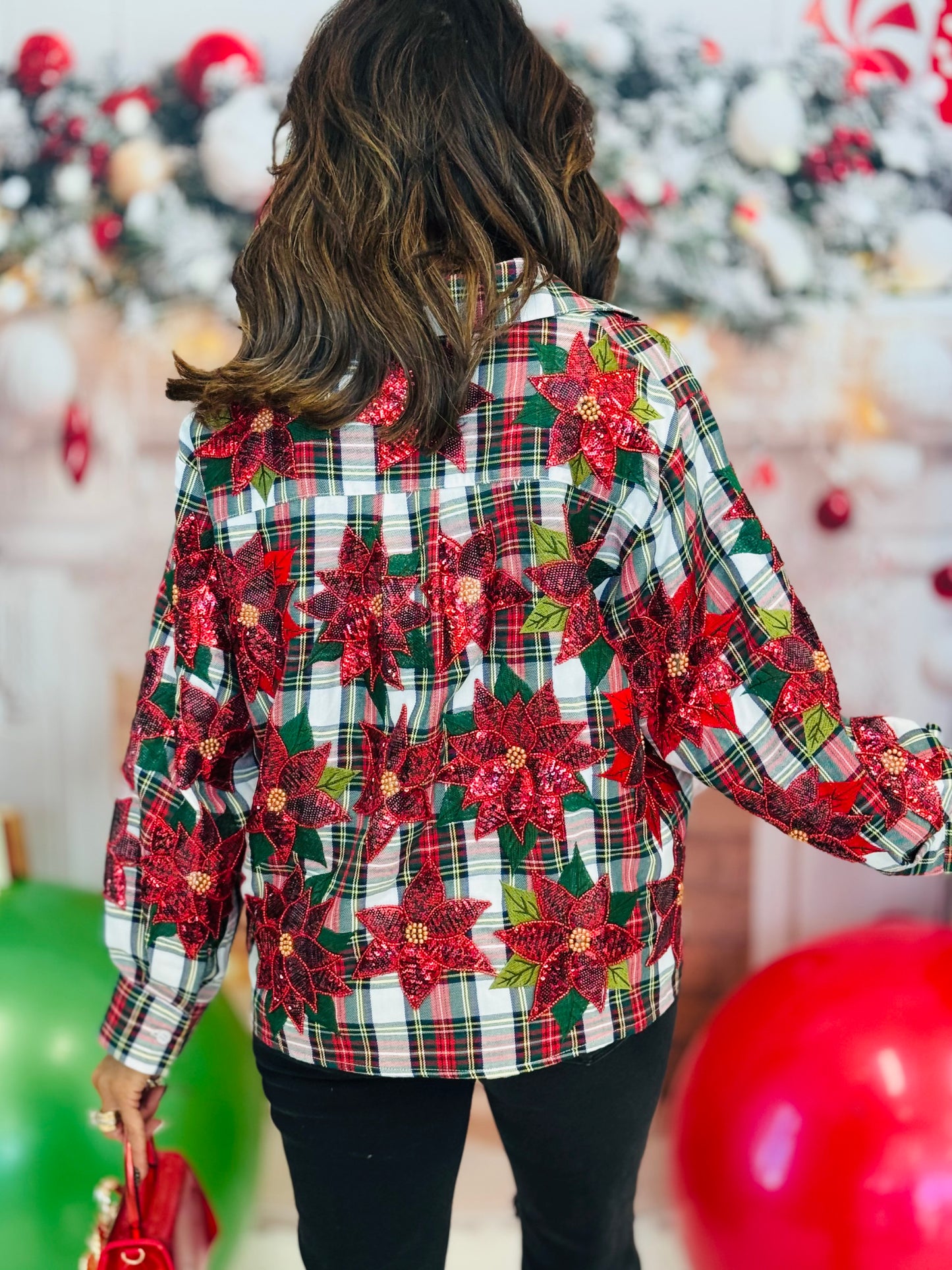 Queen Of Sparkles Red, Green & White Plaid Poinsettia Cotton Button Up Top (Reg. and Plus)