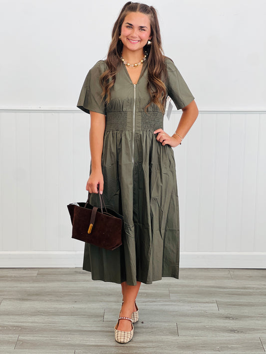 Olive Front Zip Midi Dress  (Reg & Plus)