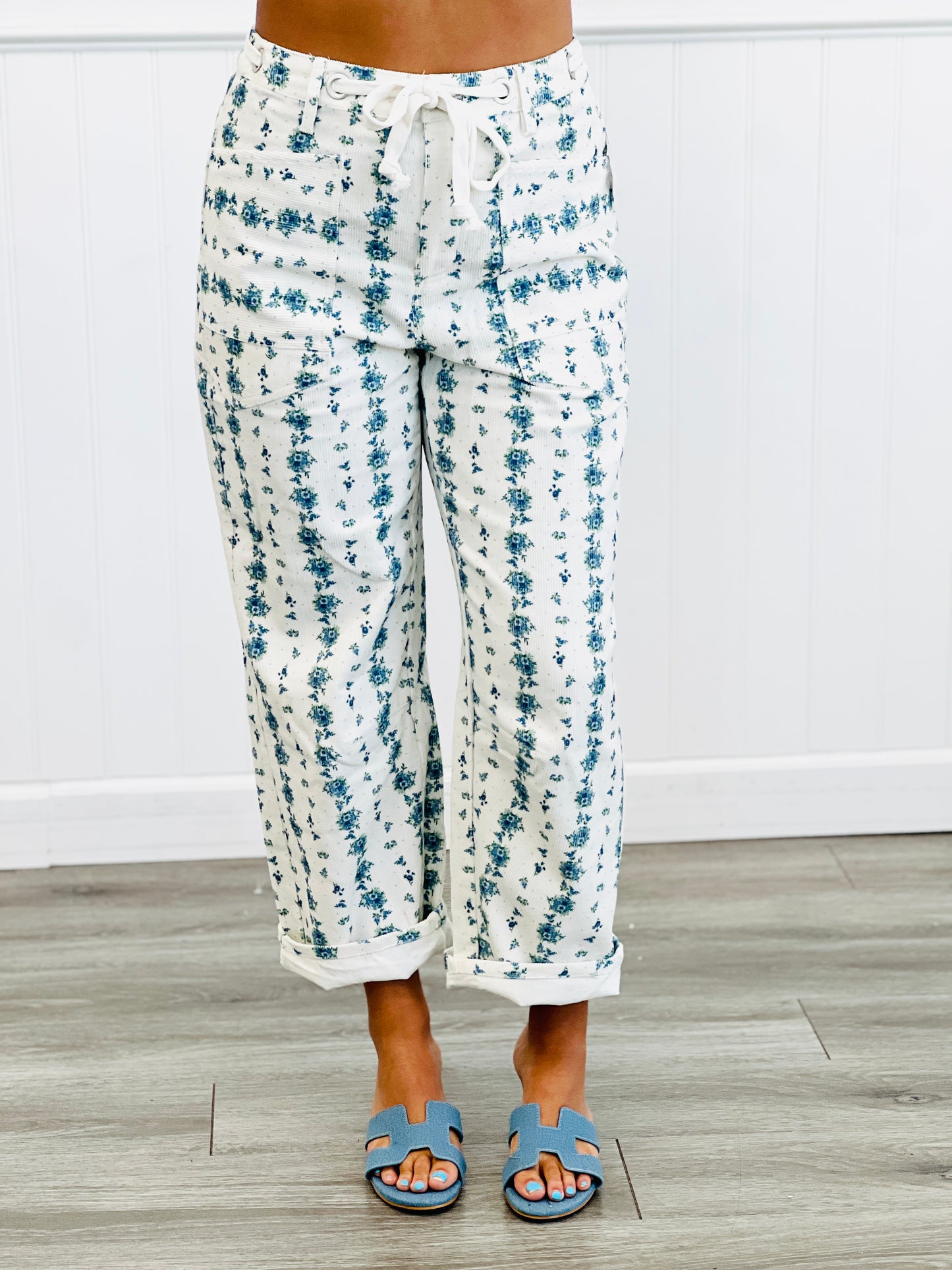 Ivory/Blue Floral Print Corduroy Pants (Reg.)
