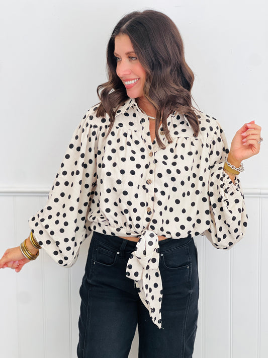 Cream/Black Polka Dot Tie Hem Blouse (Reg & Plus)