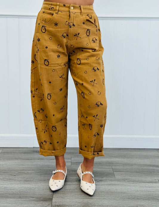 Washed Taupe Western Print Ankle Pants (Reg & Plus)