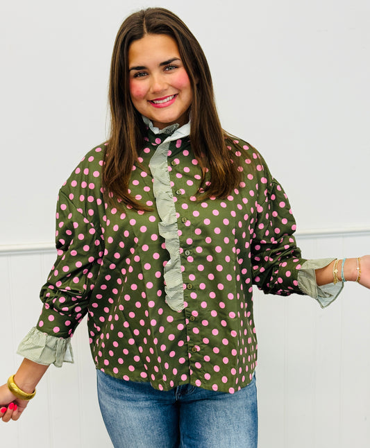 Olive/Pink Ruffle Detailed Button Down Top (Reg.)