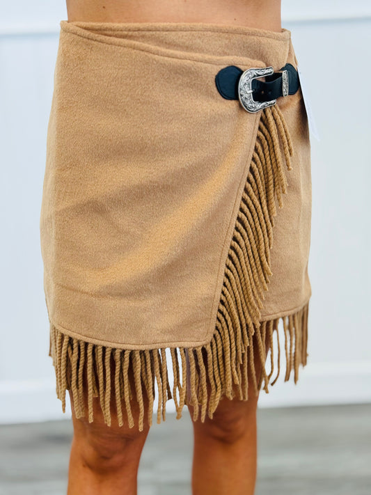 Camel Fringe Buckle Wrap Mini Skirt (Reg.)