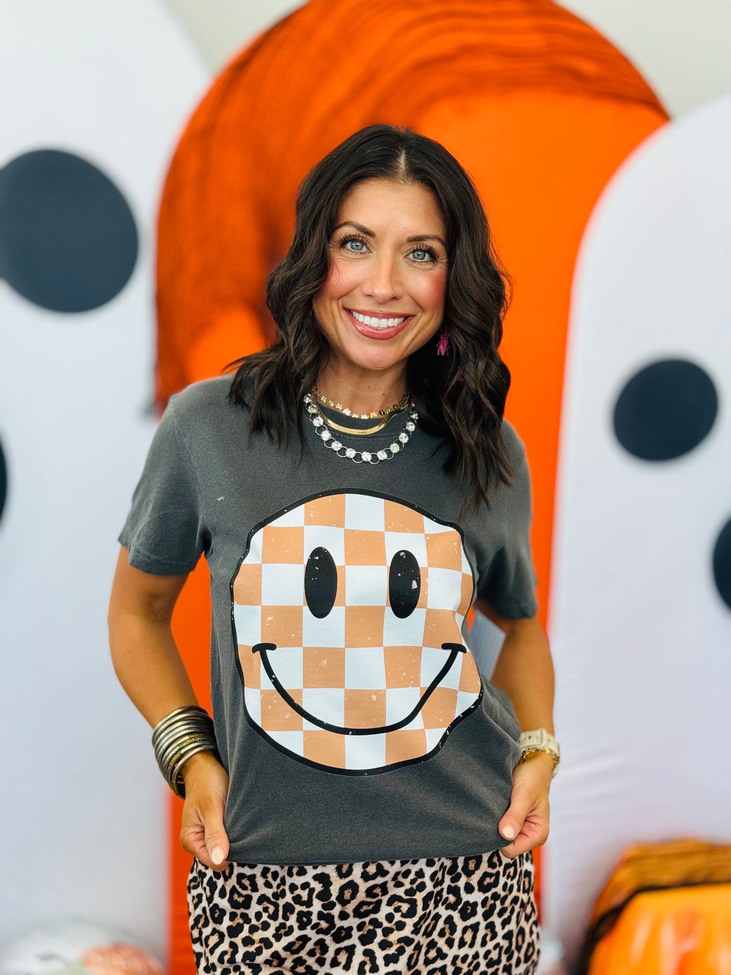 Taupe Checkered Happy Face Tee (Reg. and Plus)