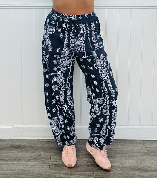 Navy Bandana Print Utility Barrel Pants (Reg.)