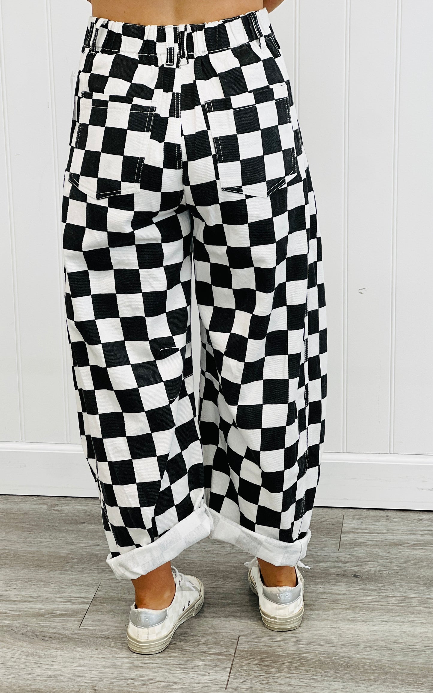 Black Checkered Print Denim Barrel Pants (Reg. and Plus)