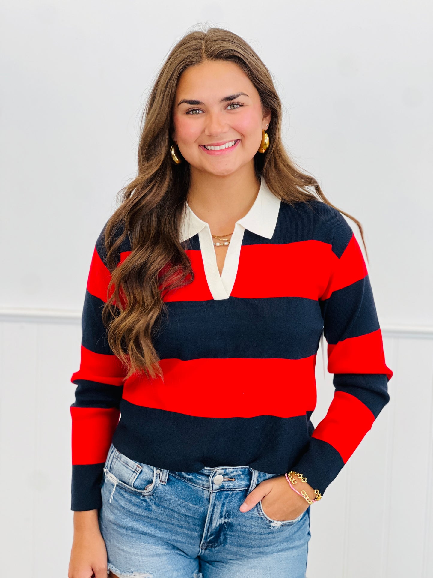 Rugby Stripe Pullover Sweater Top (Reg)-3 Colors
