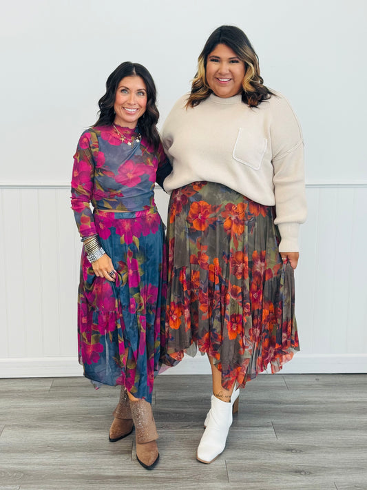 Floral Print Ballerina Midi Skirt (Reg.)-2 Colors
